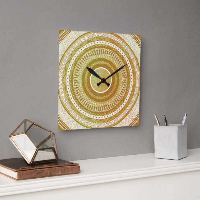 Reloj Cuadrado Mandalá de Oro y Brillo (Oficina)