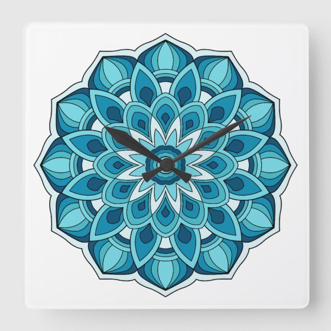 Reloj Cuadrado Mandala en verde verde azulado (Anverso)