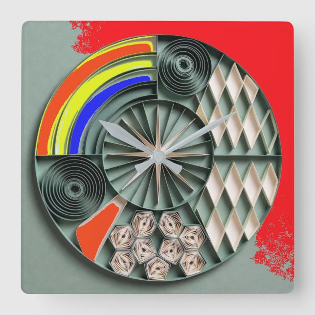 Reloj Cuadrado Mandalá geométrico multicolor estilo quilling (Anverso)