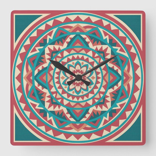 Reloj Cuadrado Mandala moderna del suroeste (Anverso)