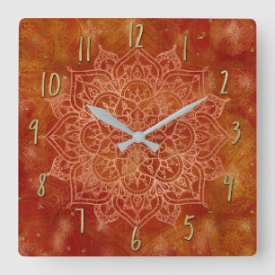 Reloj Cuadrado Mandalá Naranja y Glam Dorado Moderno Chic