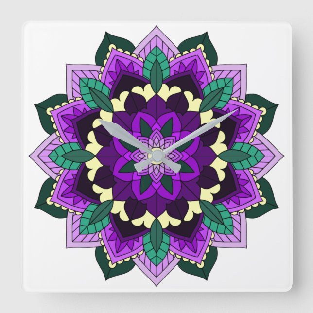 Reloj Cuadrado Mandala Pattern 02 in purple (Anverso)