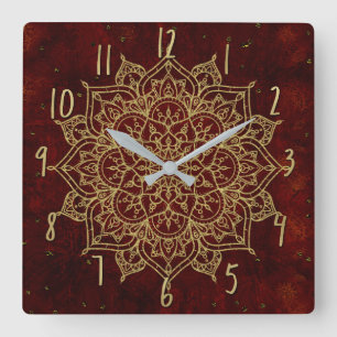 Reloj Cuadrado Mandalá Rojo Vino Profundo y Glamour Dorado Chic M