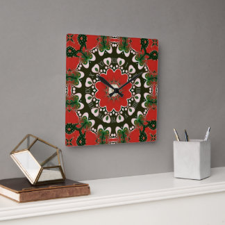 Reloj Cuadrado Mandala verde negro rojo y verde blanco