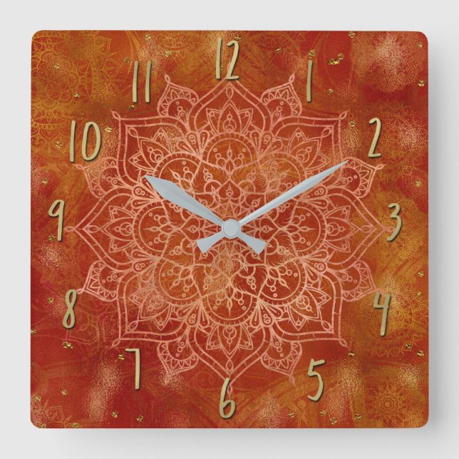 Reloj Cuadrado Mandalala de Naranja & Glam de Oro Moderno Chic (Anverso)