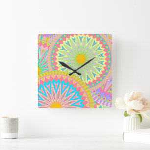 Reloj Cuadrado Mandalas superpuestas rosa azul amarillo menta púr