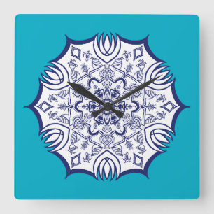 Reloj Cuadrado Mandela Azul y Blanco Con Criaturas Tumble Termal