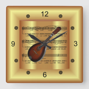Reloj Cuadrado Mandolin ~ Curved Sheet Music ~ Gold Background ~