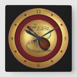 Reloj Cuadrado Mandolin ~ Musical Scroll ~ Gold/Maroon/Black Back