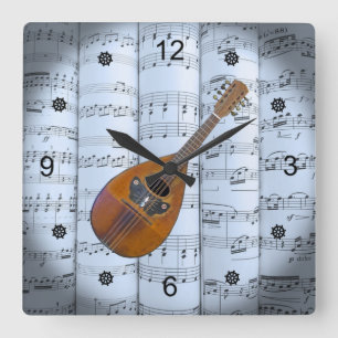 Reloj Cuadrado Mandolin~Rolled Sheet Music~Blue Tint Background ~