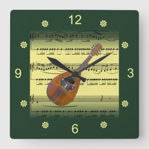 Reloj Cuadrado Mandolin~Rolled Sheet Music~Gold/Green Background~