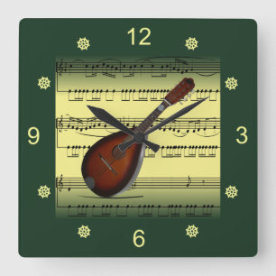 Reloj Cuadrado Mandolin~Rolled Sheet Music~Gold/Green Background~