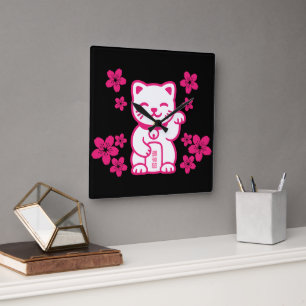 Reloj Cuadrado Maneki-neko japonés rosado