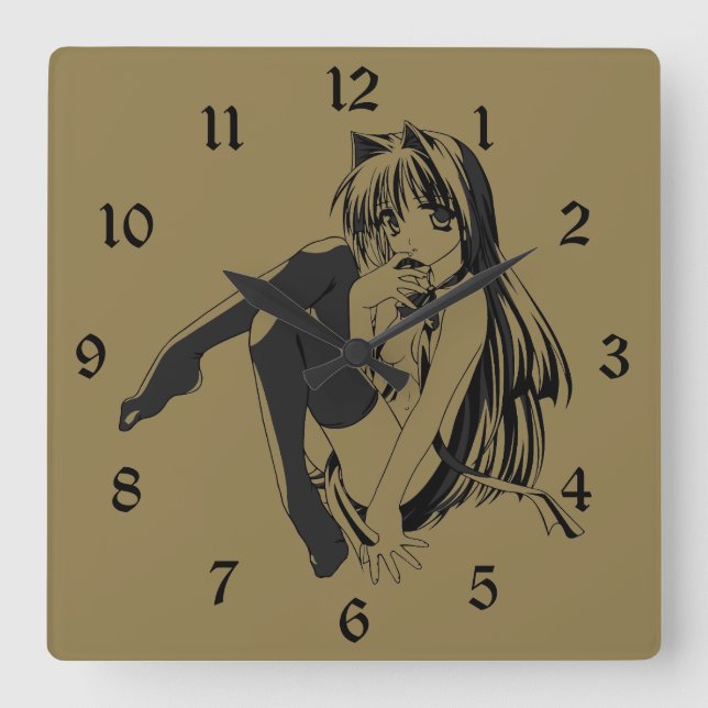 Reloj Cuadrado Manga, Neko Catgirl Furry Kawaii Loli (Anverso)