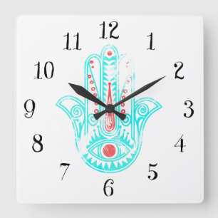 Reloj Cuadrado Mano verde azulada roja espiritual de Hamsa de la