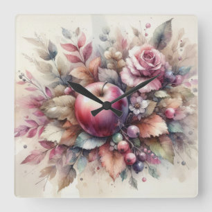 Reloj Cuadrado Manzanas caídas en colores pastel pintura acuarela