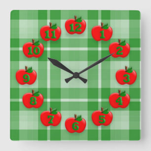 Reloj Cuadrado Manzanas Rojas Green Checkered Plaid Gingham