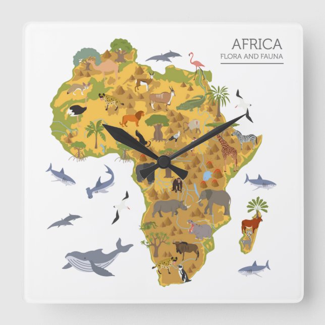 Reloj Cuadrado Map of Africa | Flora & Fauna (Anverso)