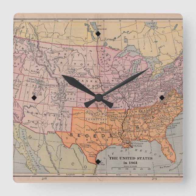 Reloj Cuadrado Mapa 1861 de la era de la guerra civil de los (Anverso)