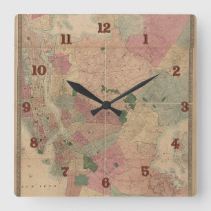 Reloj Cuadrado Mapa 1872 - New York City de Brooklyn del vintage,