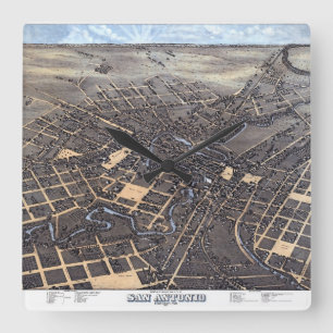 Reloj Cuadrado Mapa aéreo antiguo de la ciudad de San Antonio, Te
