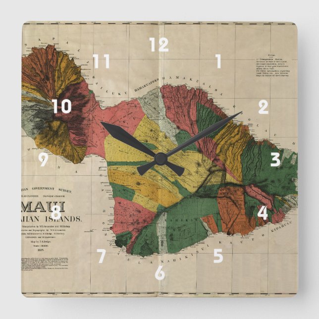 Reloj Cuadrado Mapa anticuario de la encuesta sobre Maui - Hawaii (Anverso)