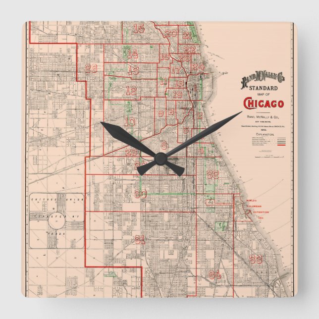 Reloj Cuadrado Mapa antiguo de la época de Chicago - 1893 (Anverso)