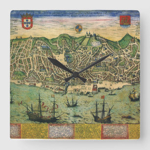 Reloj Cuadrado Mapa Antiguo de Lisboa, Portugal por Braun/Hogenbe