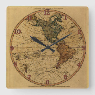 Reloj Cuadrado Mapa antiguo del hemisferio occidental de