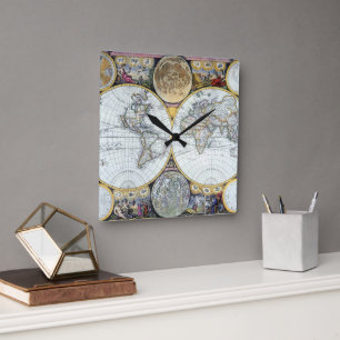 Reloj Cuadrado Mapa antiguo del mundo, Atlas Maritimus de John Se