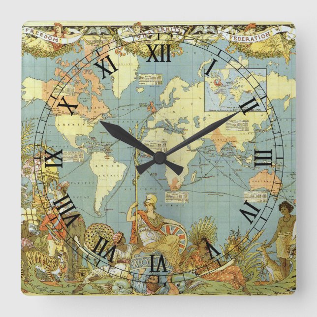 Reloj Cuadrado Mapa Antiguo del Mundo del Imperio Británico, 1886 (Anverso)