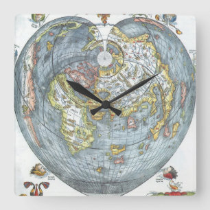 Reloj Cuadrado Mapa Antiguo del Mundo en Forma de Corazón Vintage