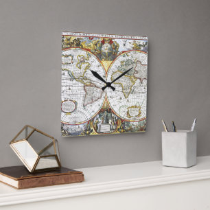 Reloj Cuadrado Mapa antiguo del mundo por Hendrik Hondius, 1630