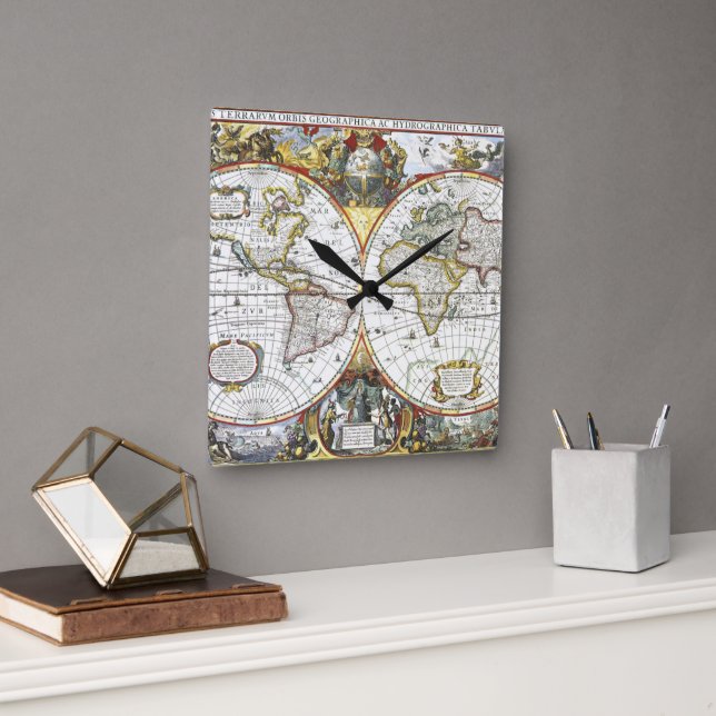 Reloj Cuadrado Mapa antiguo del mundo por Hendrik Hondius, 1630 (Oficina)