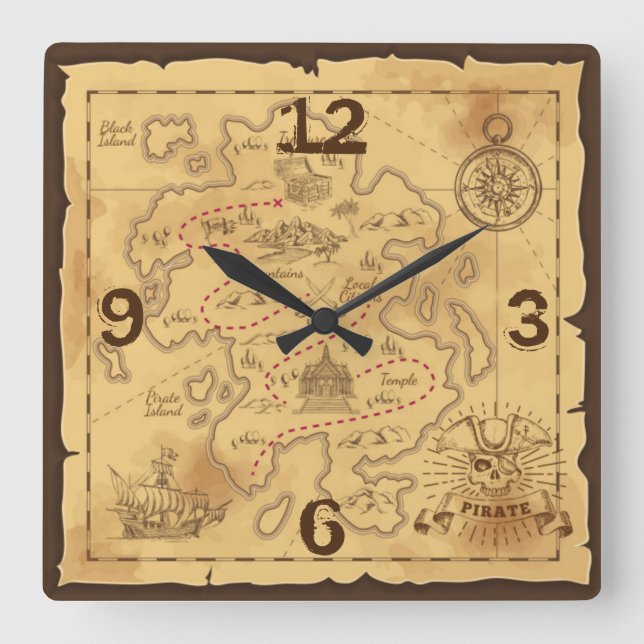 Reloj Cuadrado Mapa antiguo pirata (Anverso)