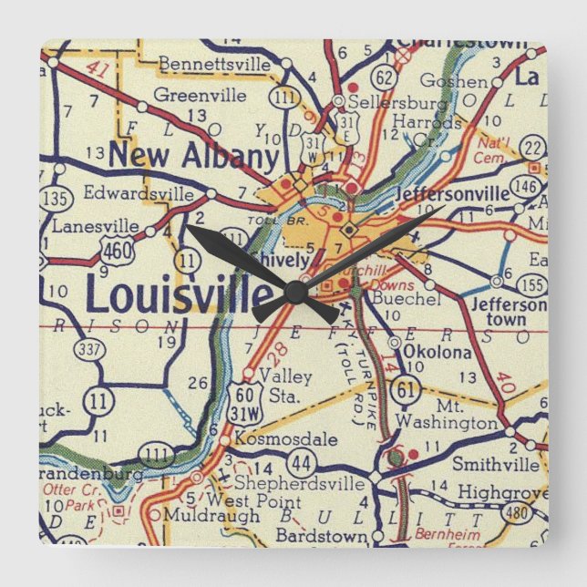 Reloj Cuadrado Mapa clásico de Louisville KY (Anverso)