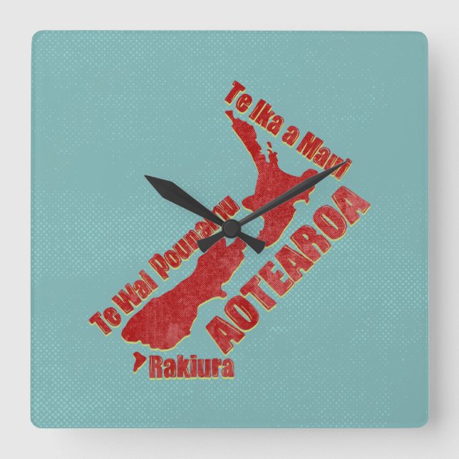 Reloj Cuadrado Mapa de Aotearoa Nueva Zelanda (Anverso)