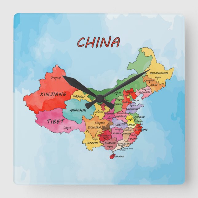 Reloj Cuadrado Mapa de China (Anverso)