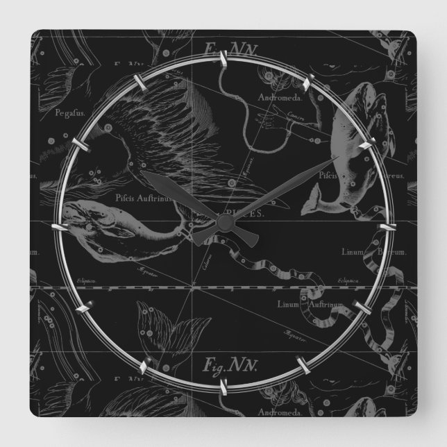 Reloj Cuadrado Mapa de Constelación Pisces Hevelius 1690 Grabado (Anverso)