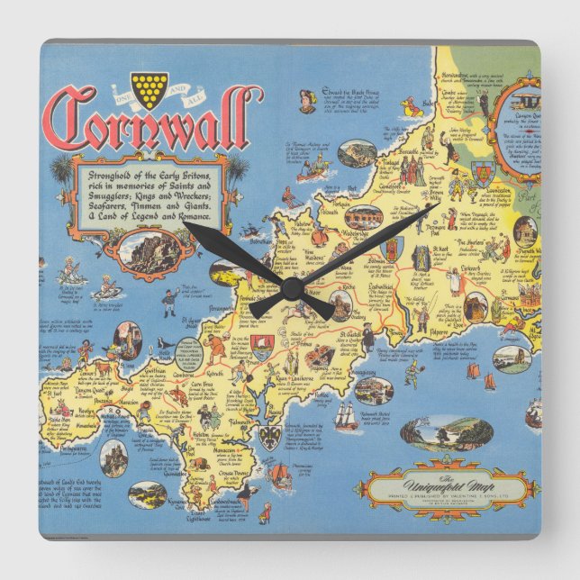 Reloj Cuadrado Mapa de Cornwall, Inglaterra (Anverso)