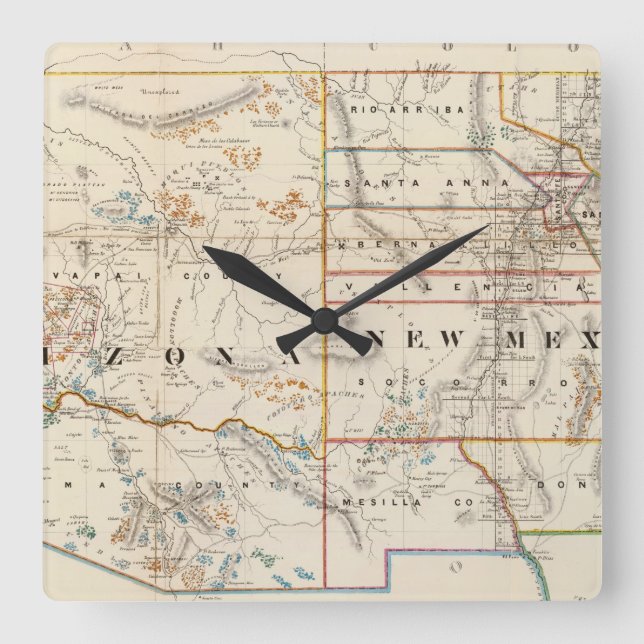 Reloj Cuadrado Mapa de época de Arizona y Nuevo México (1866) (Anverso)
