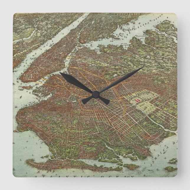 Reloj Cuadrado Mapa de época de Brooklyn NY (1908) (Anverso)
