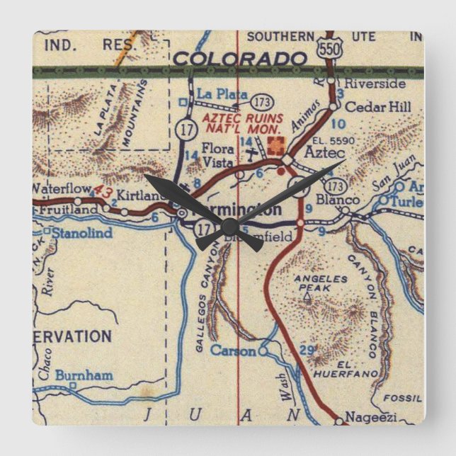 Reloj Cuadrado Mapa de época de Farmington Nuevo México (Anverso)