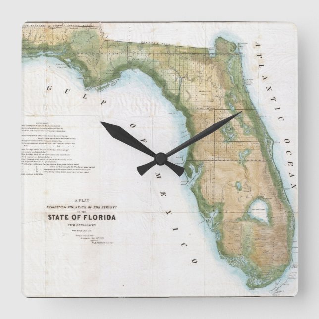 Reloj Cuadrado Mapa de época de Florida (1848) (Anverso)