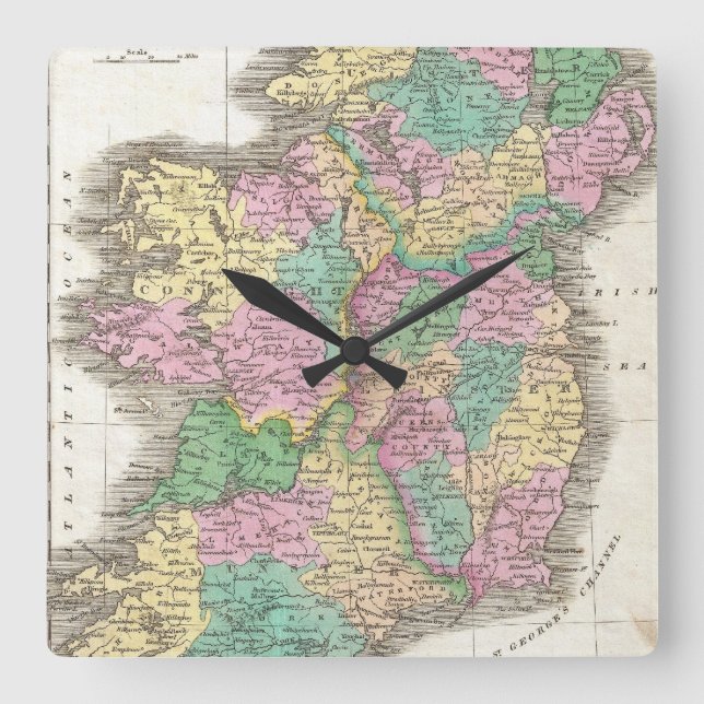 Reloj Cuadrado Mapa de época de Irlanda (1827) (Anverso)
