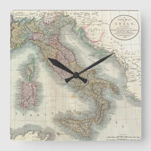 Reloj Cuadrado Mapa de época de Italia (1799) (Anverso)