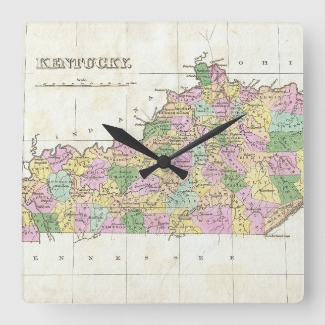 Reloj Cuadrado Mapa de época de Kentucky (1827) (Anverso)