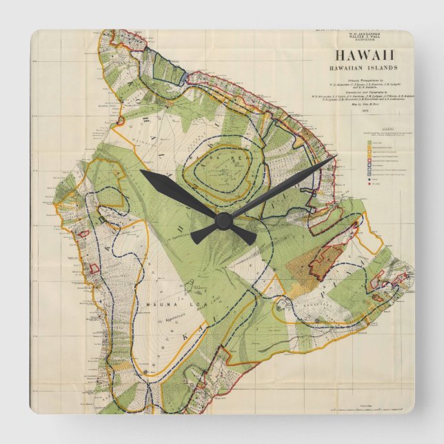 Reloj Cuadrado Mapa de época de la isla de Hawaii (1906) (Anverso)