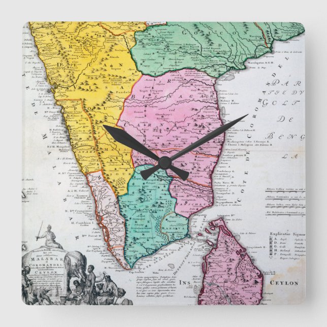 Reloj Cuadrado Mapa de época de la península india | 1733 (Anverso)