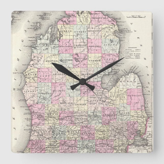 Reloj Cuadrado Mapa de época de Michigan (1855) (Anverso)
